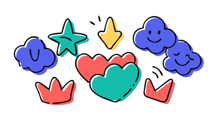 Cute doodle icons hearts stars clouds crowns vector