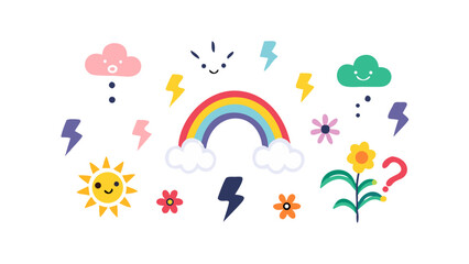 Cute weather elements and flowers with a rainbow clouds lightning