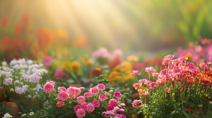 Obraz premium Dreamy lush garden with vibrant flowers in warm summer sunlight, soft focus natural background with shallow depth of field, serene outdoor scene