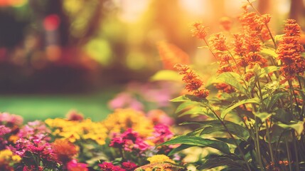 Dreamy lush garden with vibrant flowers in warm summer sunlight, soft focus natural background with shallow depth of field, serene outdoor scene