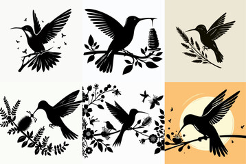 Obraz premium vector illustration set of birds sucking honey