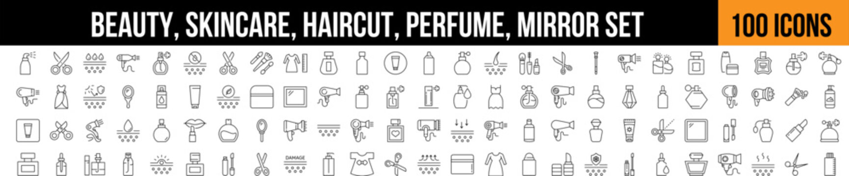 Beauty, Skincare, Mirror, Haircut Outline Sign Collection. Editable Stroke. Perfect for Graphics, Designs, Books, Adverts, Apps