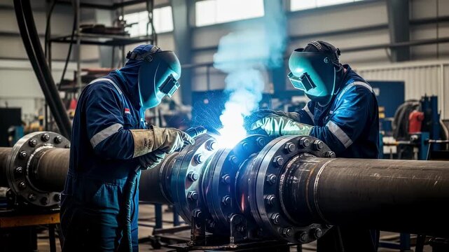 Welding sparks flying as technicians join large metal components forming a deepsea drilling riser in an industrial workshop.
