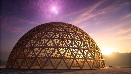 3D abstract lattice dome gradient. Futuristic lattice dome 3D over purple-to-gold gradient with glowing lens flare accents.
