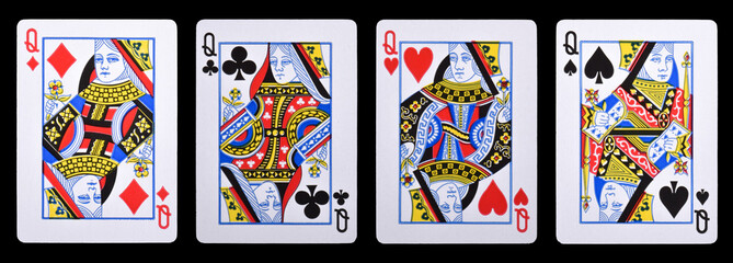 Obraz premium Set of four Queen playing cards suits isolated on black background
