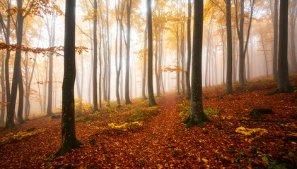 Obraz premium Misty Autumn Forest Pathway