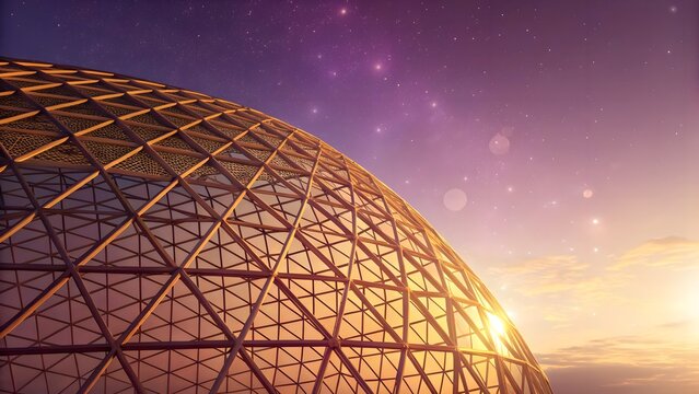 3D abstract lattice dome gradient. Futuristic lattice dome 3D over purple-to-gold gradient with glowing lens flare accents.