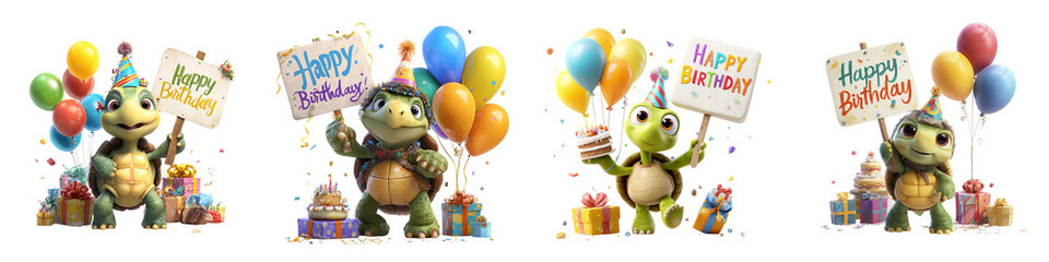 Naklejka premium Delightful turtle characters celebrating a fun birthday party with cake, balloons, and gifts, creating a heartwarming and joyful atmosphere perfect for festive designs and children's celebrations