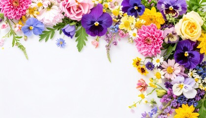 Vibrant colorful flower border arrangement on white background
