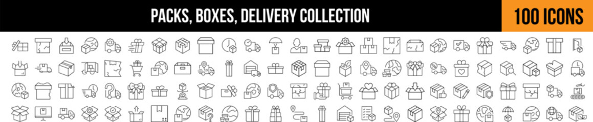 Boxes for Delivery and Transportation Outline Picture Collection. Editable Stroke. Perfect for Graphics, Designs, Books, Adverts, Apps