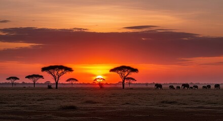 African savanna at sunrise; acacia trees silhouette against fiery sky, elephants roam