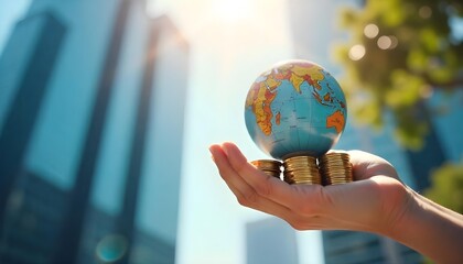 Globe and coins held in a hand with a cityscape behind, illustrating the concept of global finance and economic prosperity