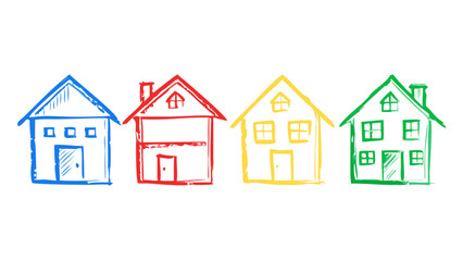 Four colorful hand drawn houses blue house red house