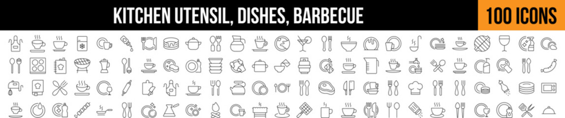 Kitchen Utensil, Dishes, Barbecue Outline Sign Collection. Editable Stroke. Perfect for Graphics, Designs, Books, Adverts, Apps
