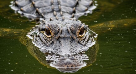 Fototapeta premium Alligator's head above water, eyes focused, scaly texture visible in dark green setting