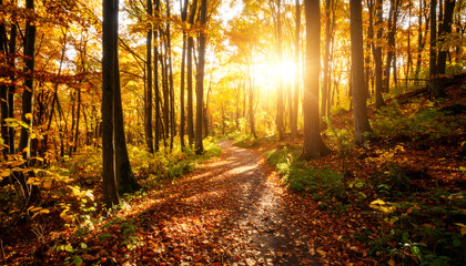 Obraz premium Sunlit Autumn Forest Pathway