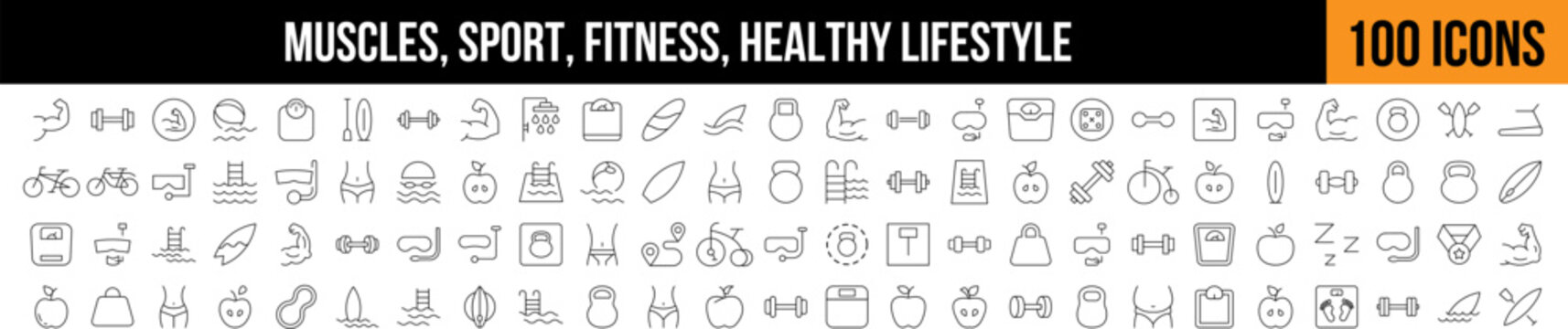 Sport and Fitness, Healthy Lifestyle Related Image Collection. Editable Stroke. Perfect for Graphics, Designs, Books, Adverts, Apps