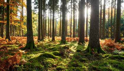 Obraz premium Sunlit Autumn Forest with Mossy Floor