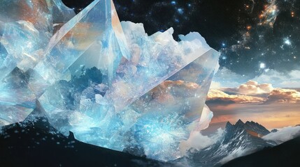 Fototapeta premium A surreal landscape featuring large, translucent crystals against a cosmic backdrop.