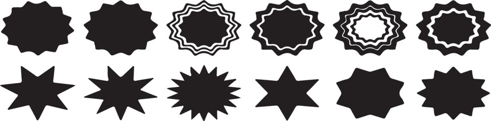 starburst, star, shape, icon, symbol, graphic, design, element, set, collection, isolated, white background, black, outline, silhouette, geometric, abstract, pattern, decoration, badge, label, award, 