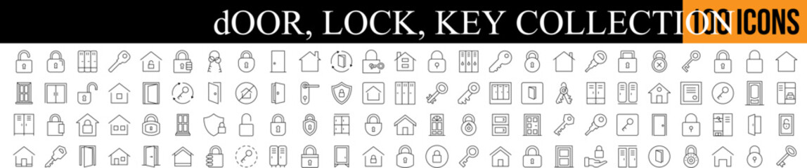 Door with Lock and Key Related Image Collection. Editable Stroke. Perfect for Graphics, Designs, Books, Adverts, Apps