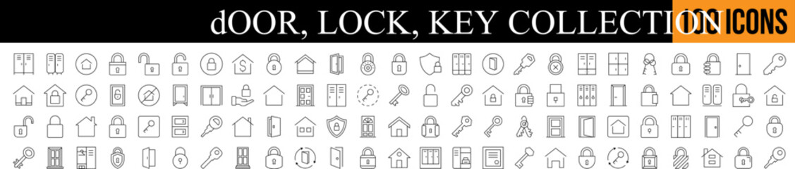 Door with Lock and Key Outline Sign Collection. Editable Stroke. Perfect for Graphics, Designs, Books, Adverts, Apps