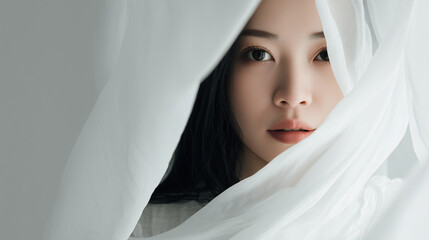  ベールのような白い布を被るロングヘアの女性