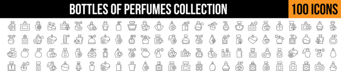  Various Bottles of Perfume Outline Image Collection. Editable Stroke. Perfect for Graphics, Designs, Books, Adverts, Apps