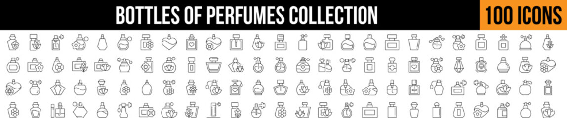 Fototapeta premium Various Bottles of Perfume Outline Picture Collection. Editable Stroke. Perfect for Graphics, Designs, Books, Adverts, Apps