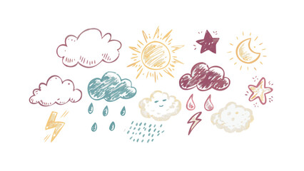 Hand Drawn Weather Icons Sun Moon Clouds Rain Lightning Stars vintage retro