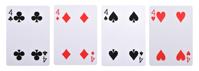 Set of playing cards isolated on white background, Hearts, Clubs, Spades and Diamonds