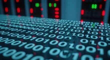 Binary code tiles with glowing server lights blurred in background