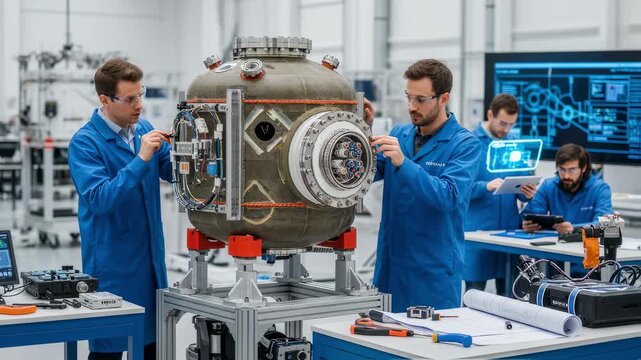 Engineering team assembling the pressureproof tank module designed specifically for autonomous gliders operating under extreme ice pressure.
