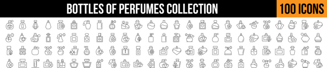  Various Bottles of Perfume Outline Icon Collection. Editable Stroke. Perfect for Graphics, Designs, Books, Adverts, Apps
