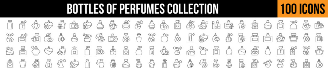  Various Bottles of Perfume Outline Sign Collection. Editable Stroke. Perfect for Graphics, Designs, Books, Adverts, Apps