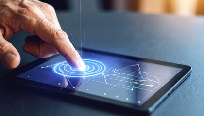 Hand touching tablet with graphs