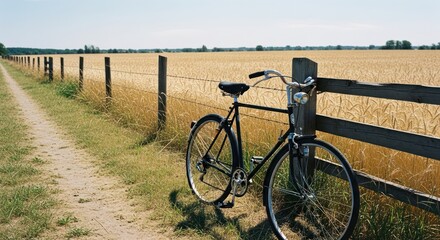 Fototapeta premium Bicycle rests against fence beside path, field of wheat in background, sunny day