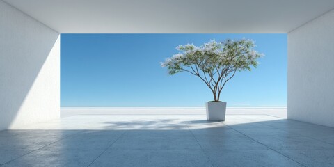 Minimalist interior with a large window showcasing a solitary tree and blue sky