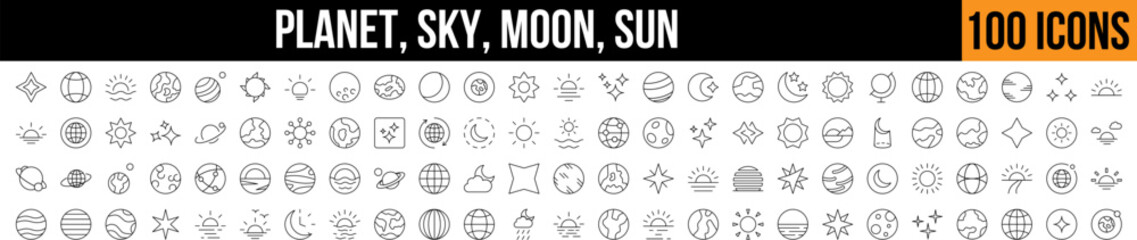 Planet, Sky, The Moon Outline Icon Collection. Editable Stroke. Perfect for Graphics, Designs, Books, Adverts, Apps