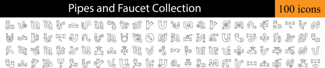 Faucet and Pipes Related Line Icon Collection. Editable Stroke. Perfect for Graphics, Designs, Books, Adverts, Apps