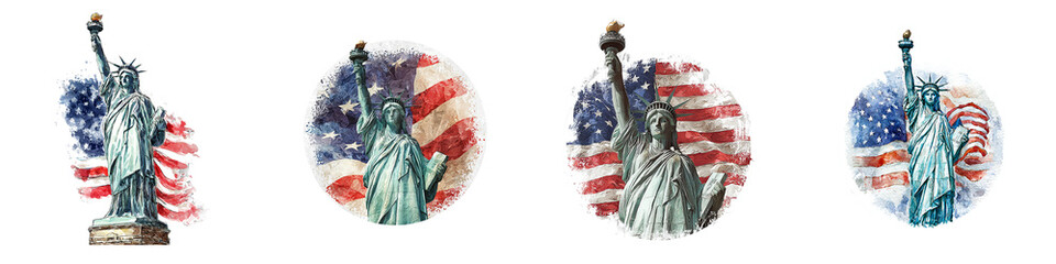Celebrate American Pride with Artistic Statue of Liberty Illustrations Featuring the US Flag, Perfect for Patriotic Designs and National Holiday Projects, Embodying Freedom and Heritage