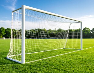 Soccer goal on a vibrant green field under a clear blue sky