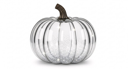 Elegant Silver Glitter Pumpkin with a Textured Stem on a White Background