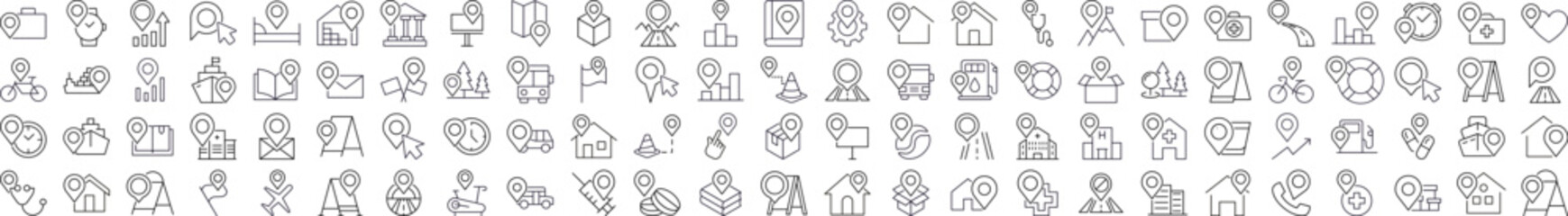 Items with Map Pin Related Line Icon Collection. Editable Stroke. Perfect for Graphics, Designs, Books, Adverts, Apps