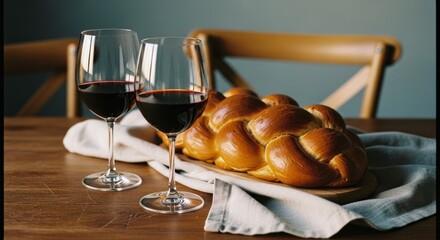 Obraz premium Braided challah bread with two wine glasses on a wooden table
