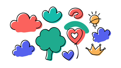 Playful doodle elements coral teal blue yellow shapes