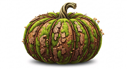 Enchanted Forest Pumpkin with Moss and Fungi Isolated on White Background