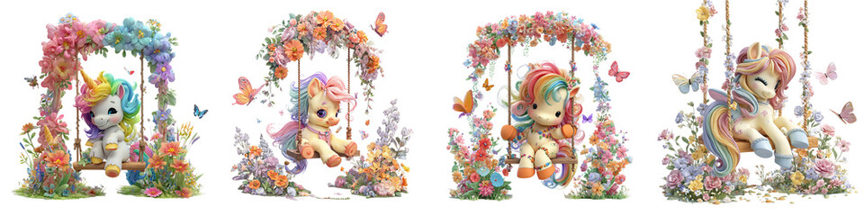 Naklejka premium Adorable unicorns on swings surrounded by colorful flowers and delicate butterflies create a whimsical and magical scene perfect for children's books and fantasy art prints