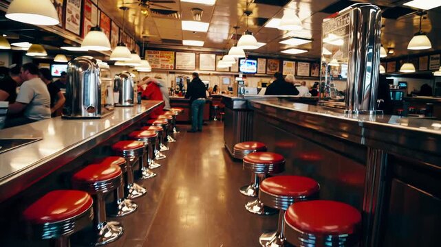 vibrant diner counter adorned with red stools, vintage toasters, and customers savoring their meals, forming a delightful repeating visual pattern
