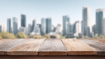 A weathered wooden tabletop sits in sharp focus against a softly blurred backdrop of a modern city skyline under a pale sky